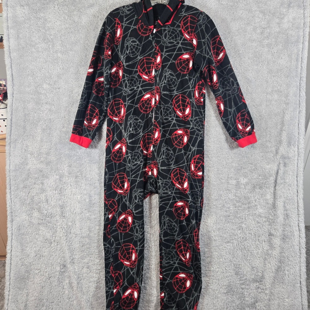 Marvel Spiderman Kids Hooded Fleece Union Suit Pajamas Black Red Size L 12/14